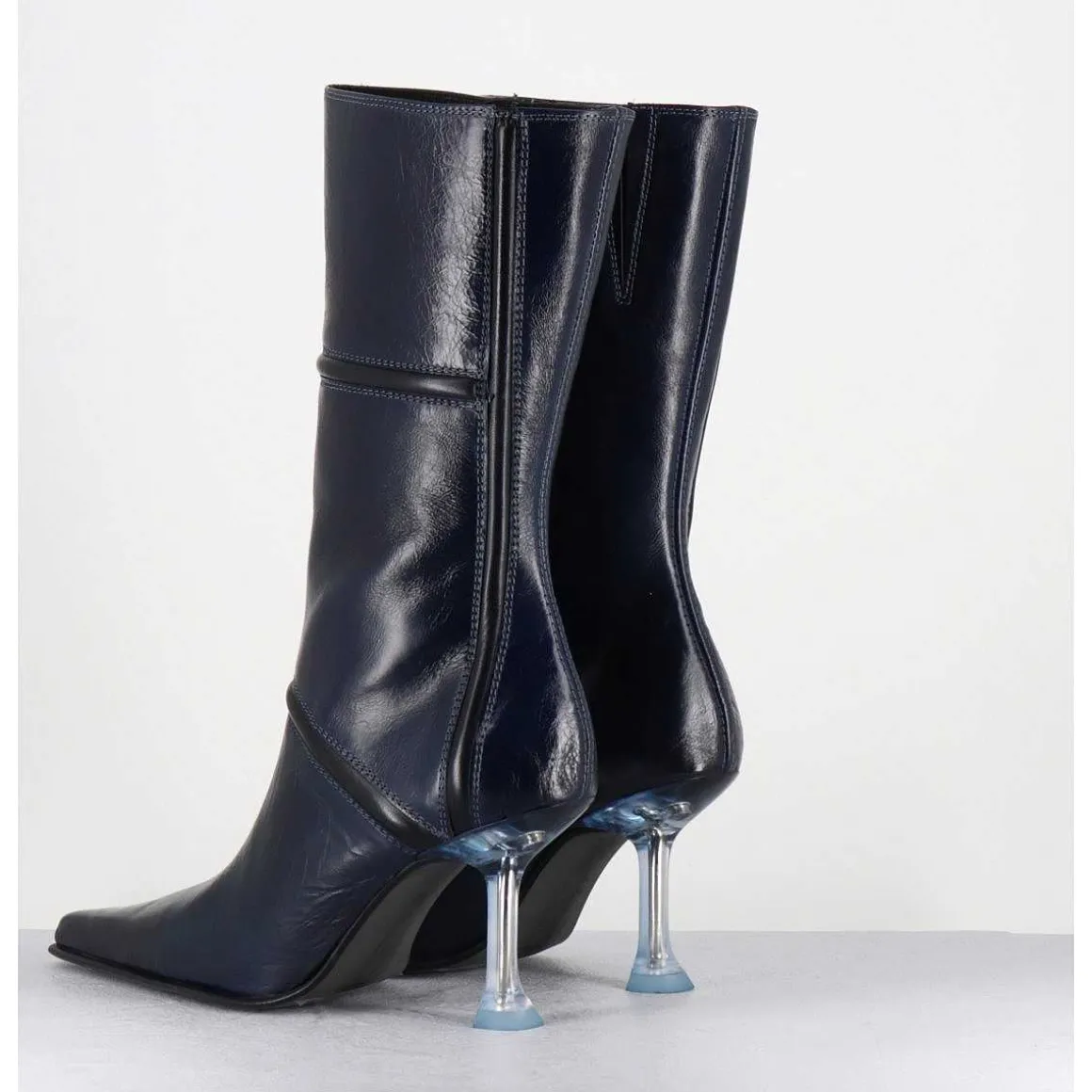 Boots Bout Pointu En Cuir Bleu & Talon Plexi - Sander Navy Boots