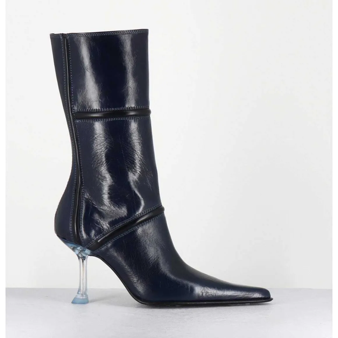 Boots Bout Pointu En Cuir Bleu & Talon Plexi - Sander Navy Boots