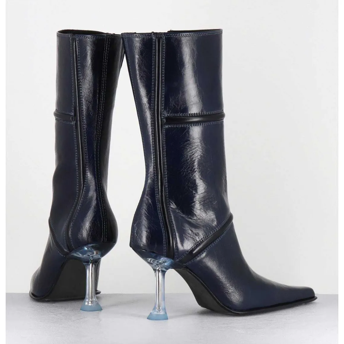 Boots Bout Pointu En Cuir Bleu & Talon Plexi - Sander Navy Boots