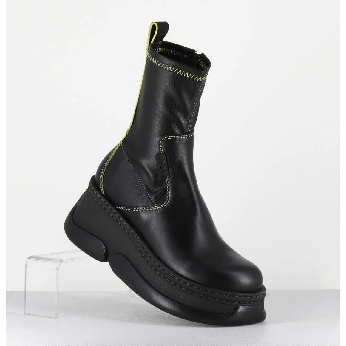 Boots Bubble Compensees En Cuir Noir Stretch - Kattrin Black Boots