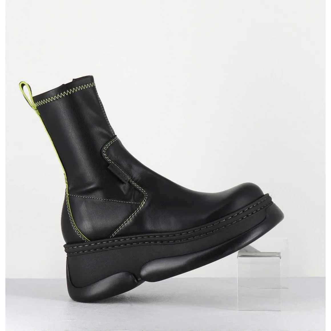 Boots Bubble Compensees En Cuir Noir Stretch - Kattrin Black Boots