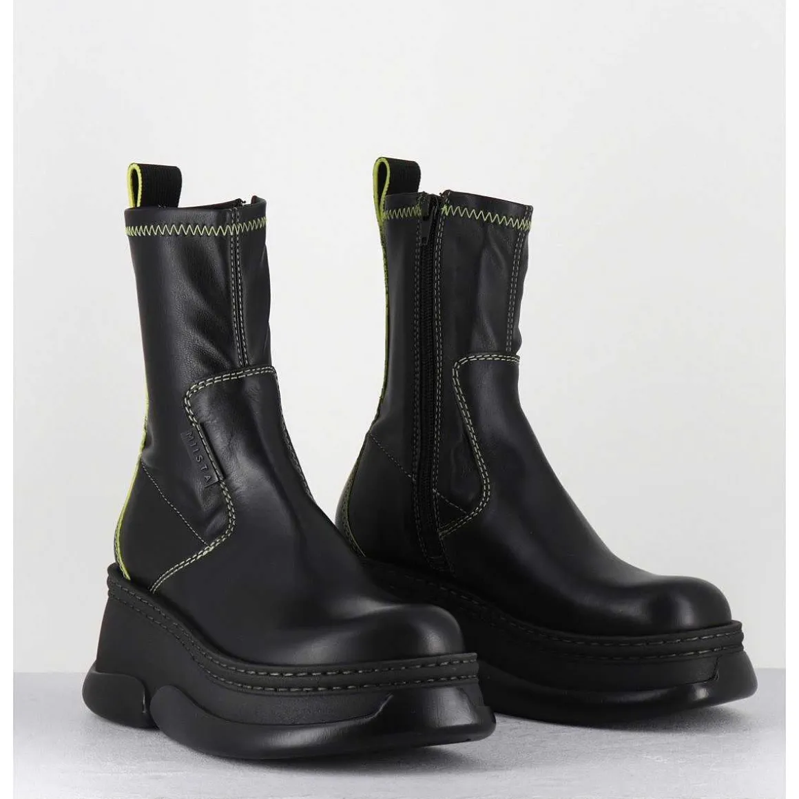 Boots Bubble Compensees En Cuir Noir Stretch - Kattrin Black Boots