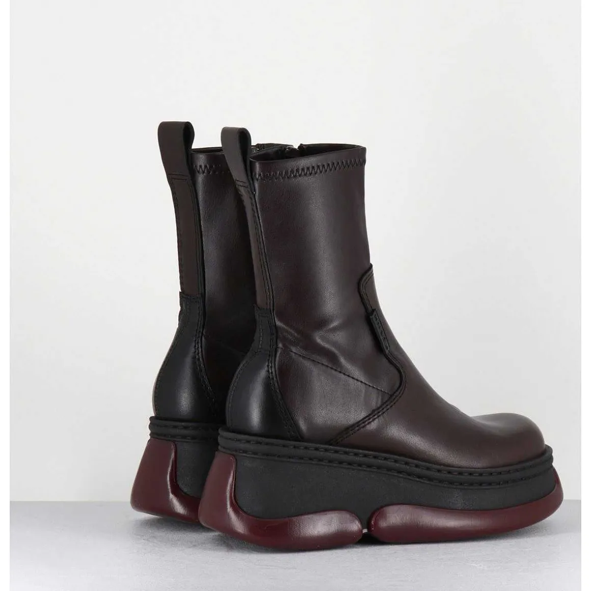 Boots Bubble Compensees En Cuir Marron Stretch - Kattrin Brown Boots