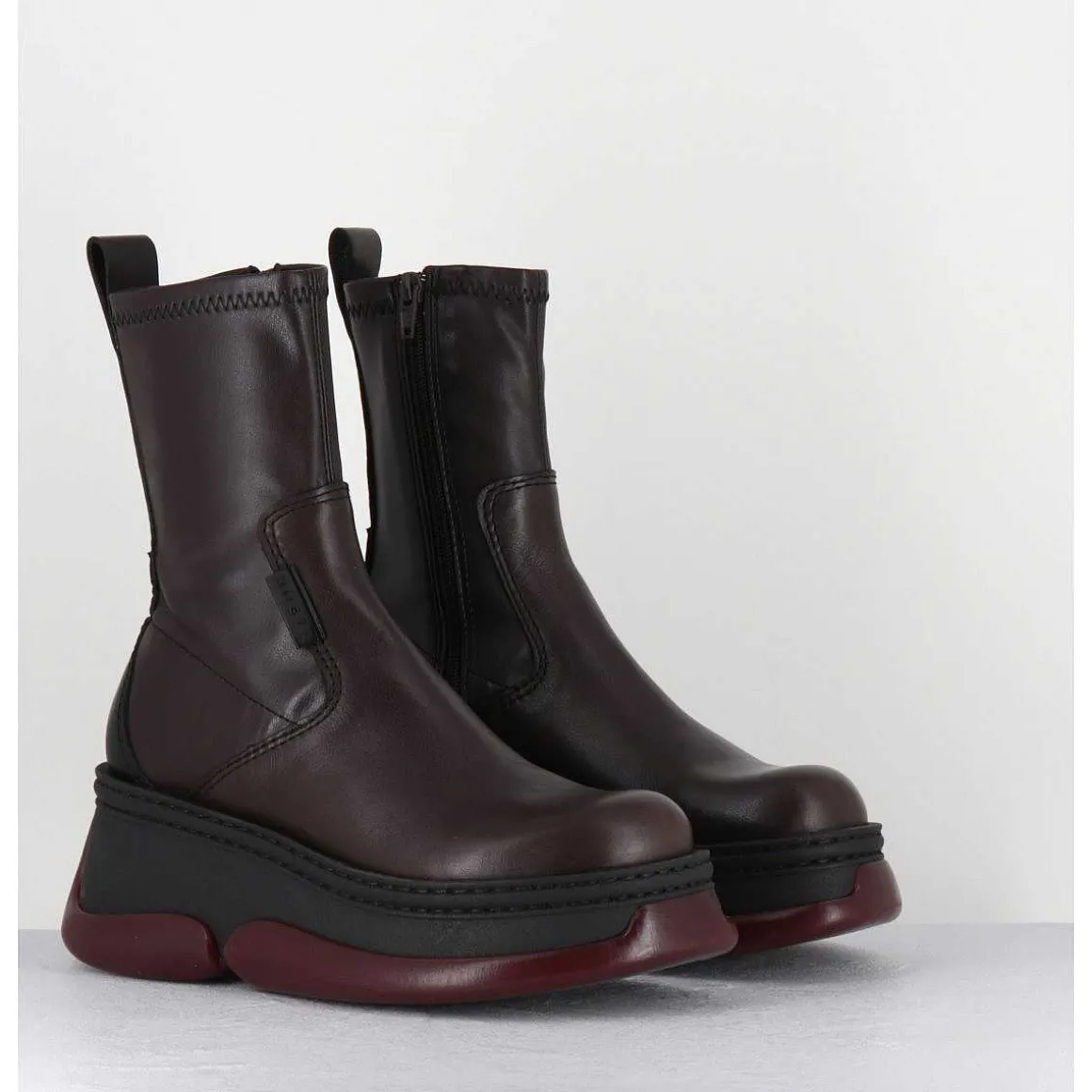 Boots Bubble Compensees En Cuir Marron Stretch - Kattrin Brown Boots