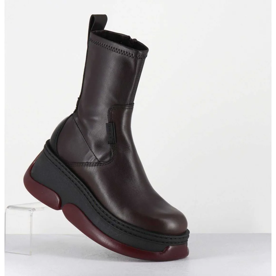 Boots Bubble Compensees En Cuir Marron Stretch - Kattrin Brown Boots