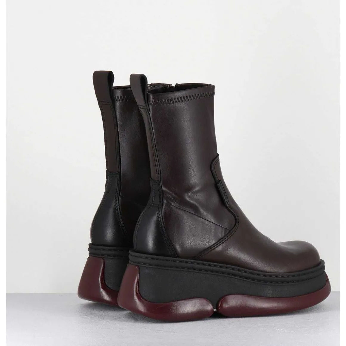 Boots Bubble Compensees En Cuir Marron Stretch - Kattrin Brown Boots