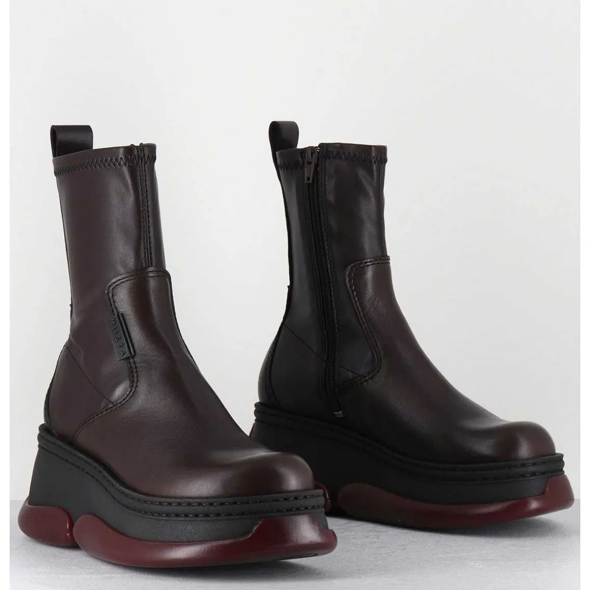Boots Bubble Compensees En Cuir Marron Stretch - Kattrin Brown Boots