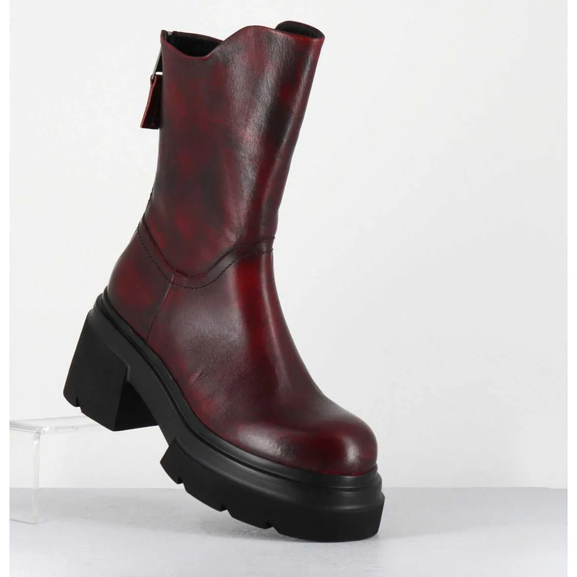 Boots Chunky En Cuir Vieilli Rouge Bordeaux - E3733 Beta Berry
