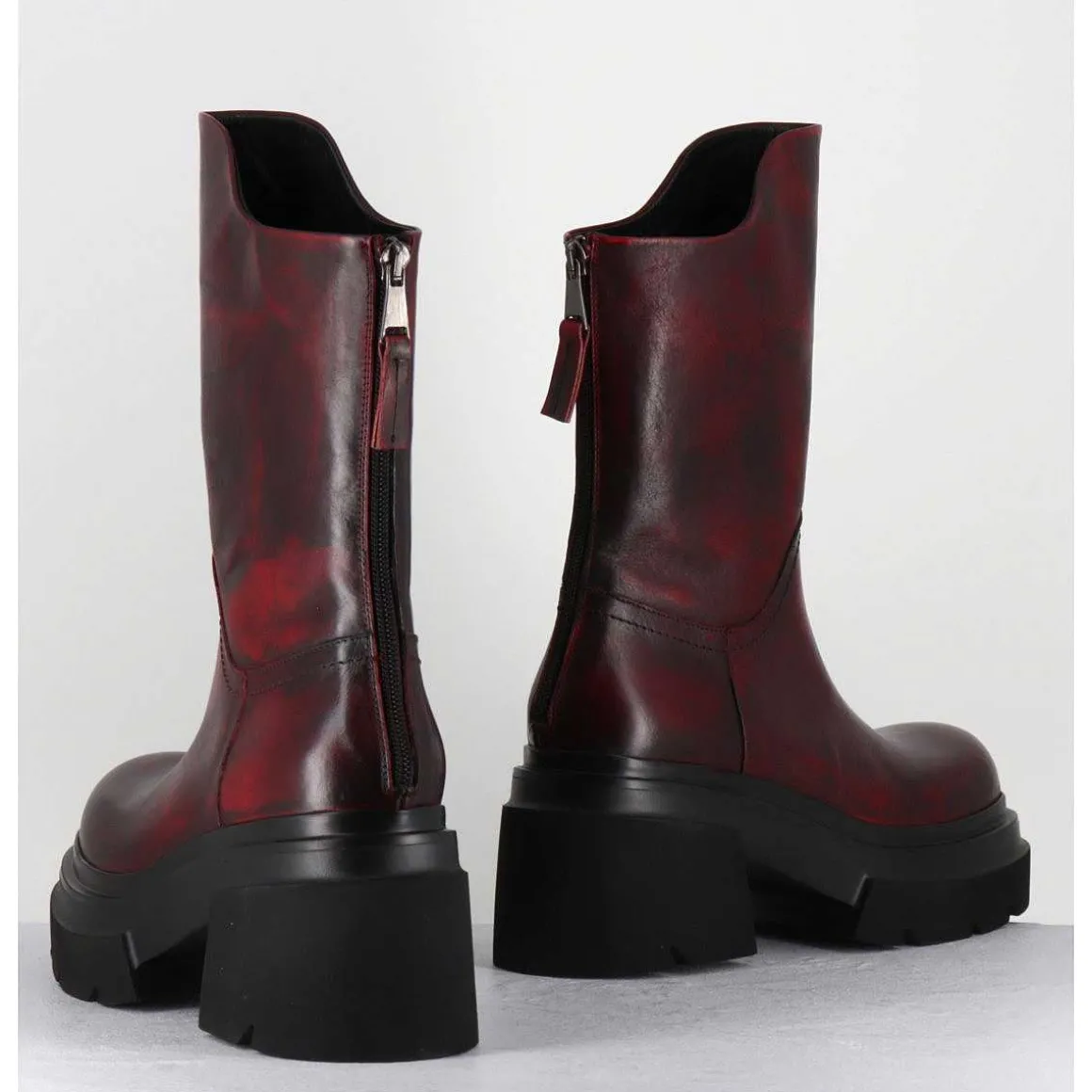 Boots Chunky En Cuir Vieilli Rouge Bordeaux - E3733 Beta Berry