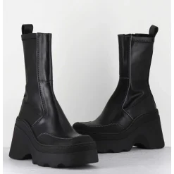 Boots Compensees En Cuir Noir Stretch - Deandra Black Boots