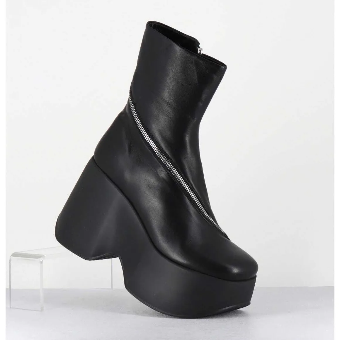 Boots Compenses En Cuir Noir Zip Asymetrique - 1D7562 Island Black