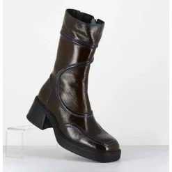 Boots Cuir Kaki Surpiqures Bleues 90'S - Malene Kaki Boots