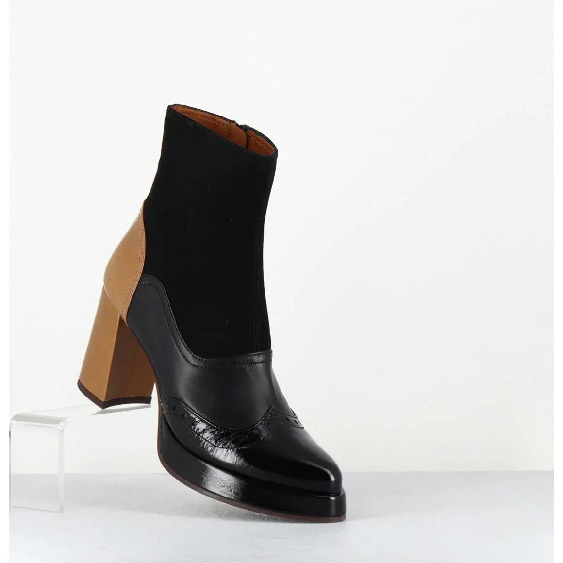 Boots Cuir Noir & Talon Beige Bout Pointu Fleuri - Fayu Maserati Negro