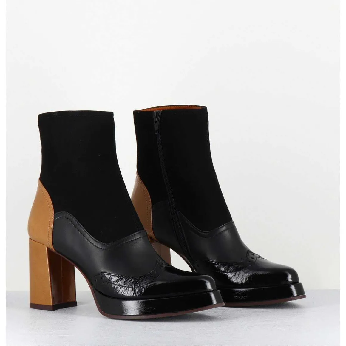 Boots Cuir Noir & Talon Beige Bout Pointu Fleuri - Fayu Maserati Negro
