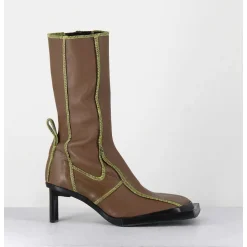 Boots En Cuir Marron Coutures Graphiques Vertes - Eimi Green Boots