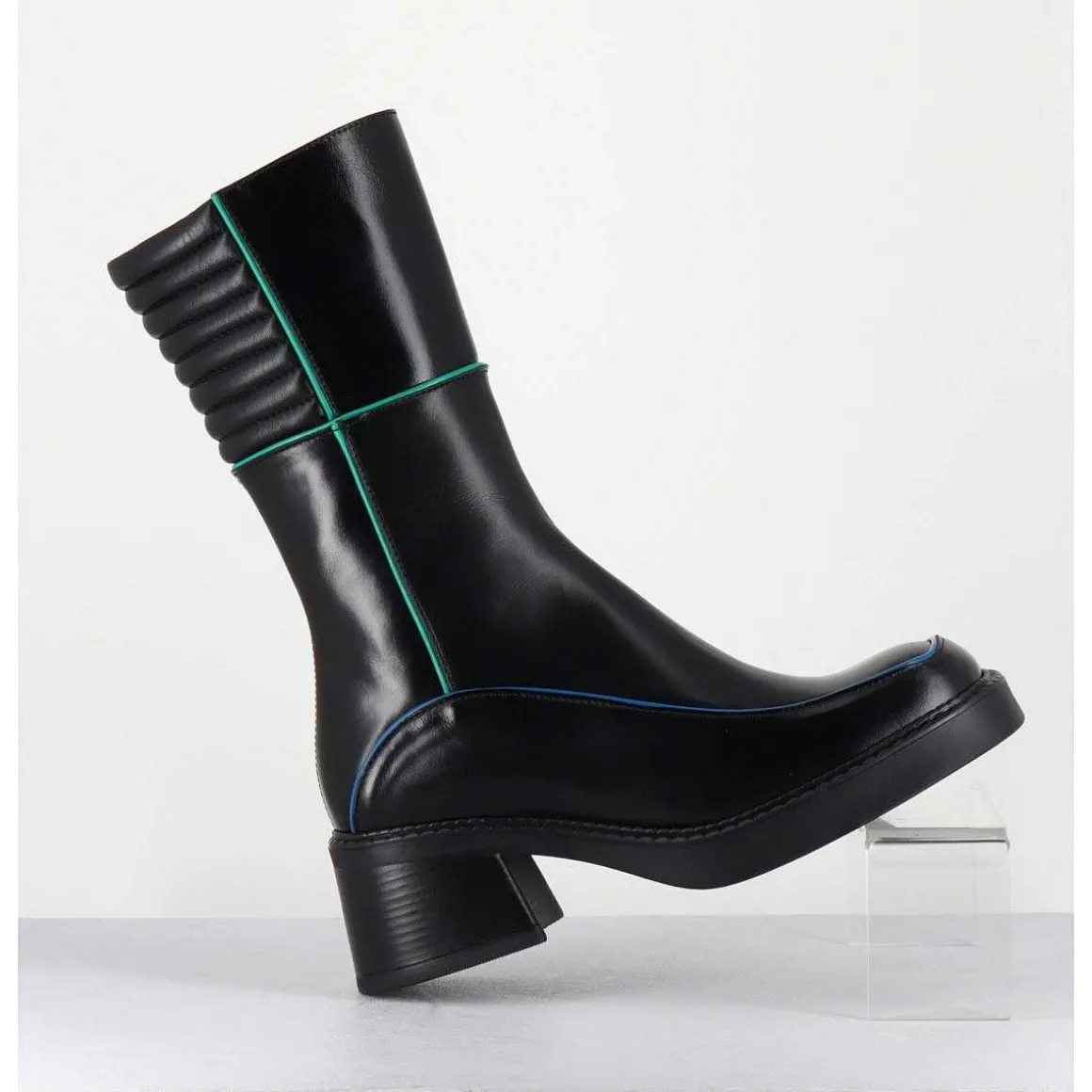 Boots En Cuir Noir & Surpiqures Vert + Bleu - Kerri Black Boots
