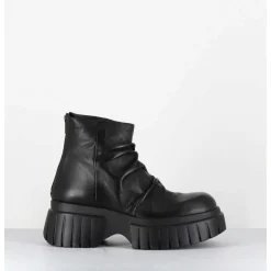 Boots En Cuir Noir Plisse Semelle Epaisse - Gant Glove Nero