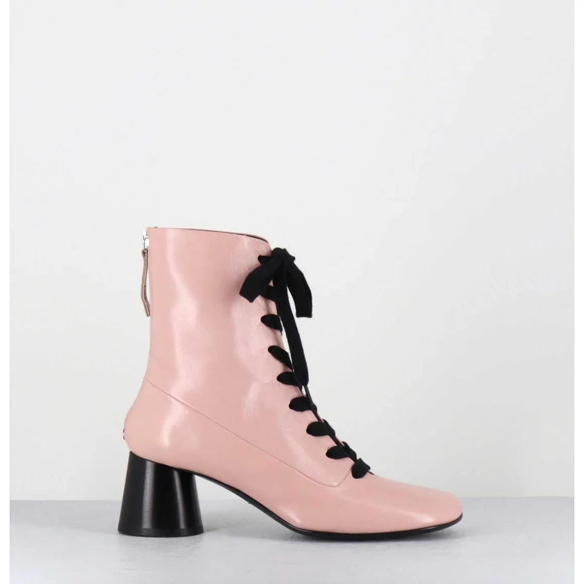 Boots En Cuir Rose Poudre A Lacets Noir Talon Geometrique - Dani14 Glaze Rosa