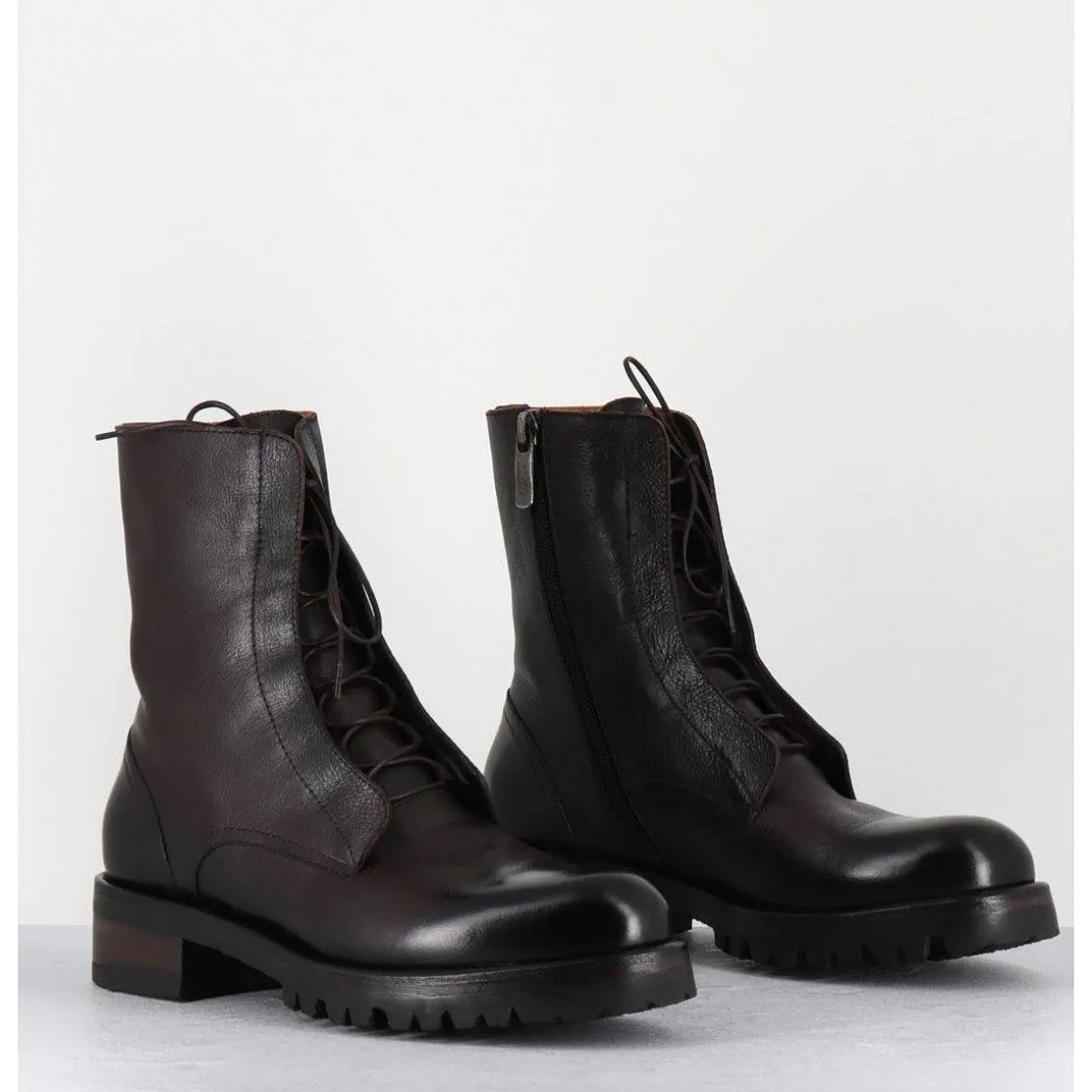 Boots Plates A Lacets En Cuir Marron Vieilli - Camil 70022 Teak