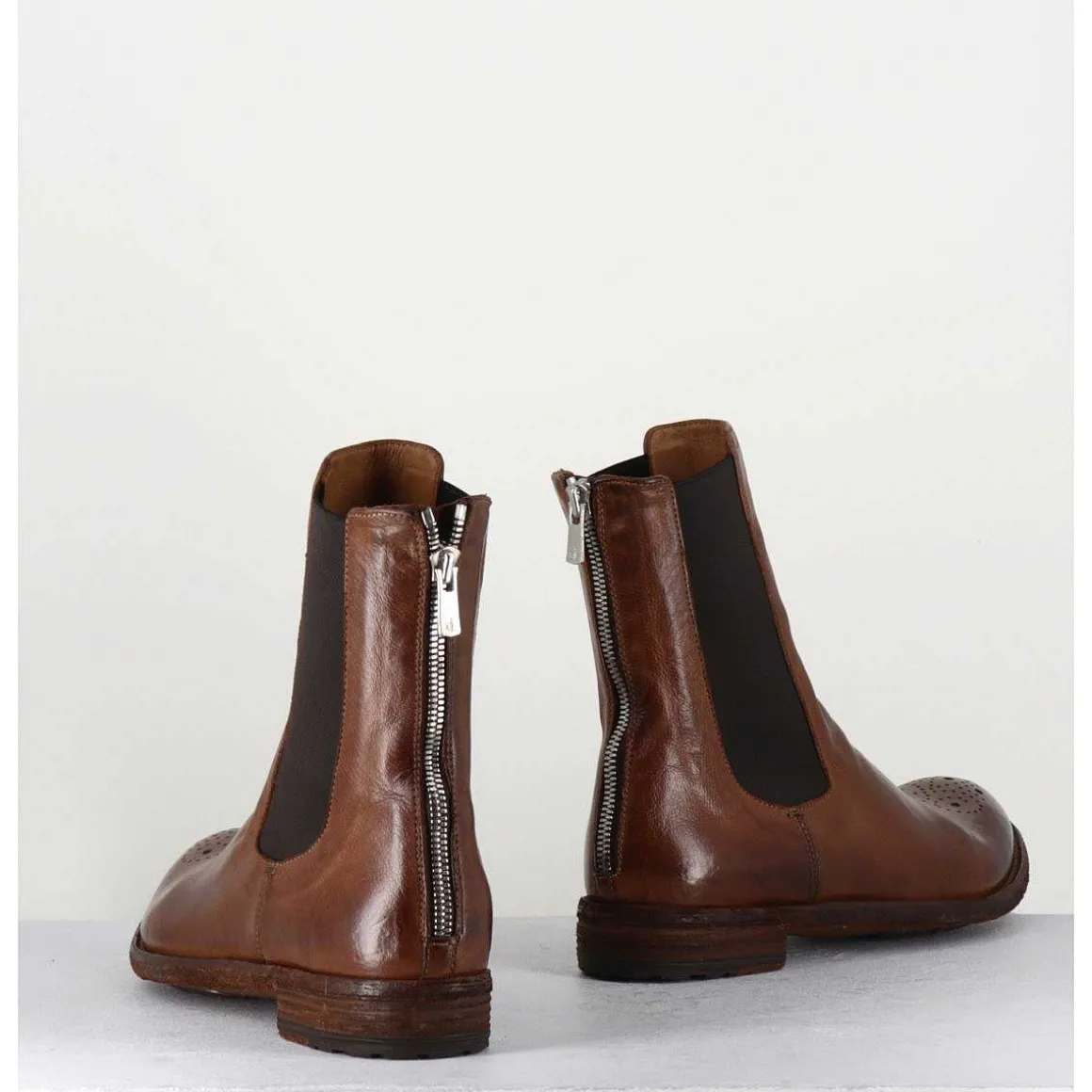 Boots Plates En Cuir Marron, Elastique & Bout Fleuri - Lexikon099 Tabacco