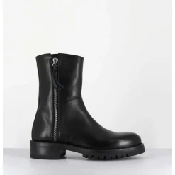Boots Plates En Cuir Noir Pures Avec Zip Exterieur - Eva 82042 Black