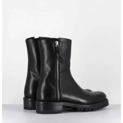 Boots Plates En Cuir Noir Pures Avec Zip Exterieur - Eva 82042 Black