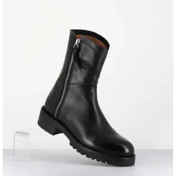 Boots Plates En Cuir Noir Pures Avec Zip Exterieur - Eva 82042 Black