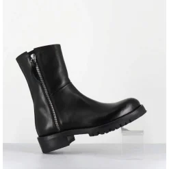 Boots Plates En Cuir Noir Pures Avec Zip Exterieur - Eva 82042 Black