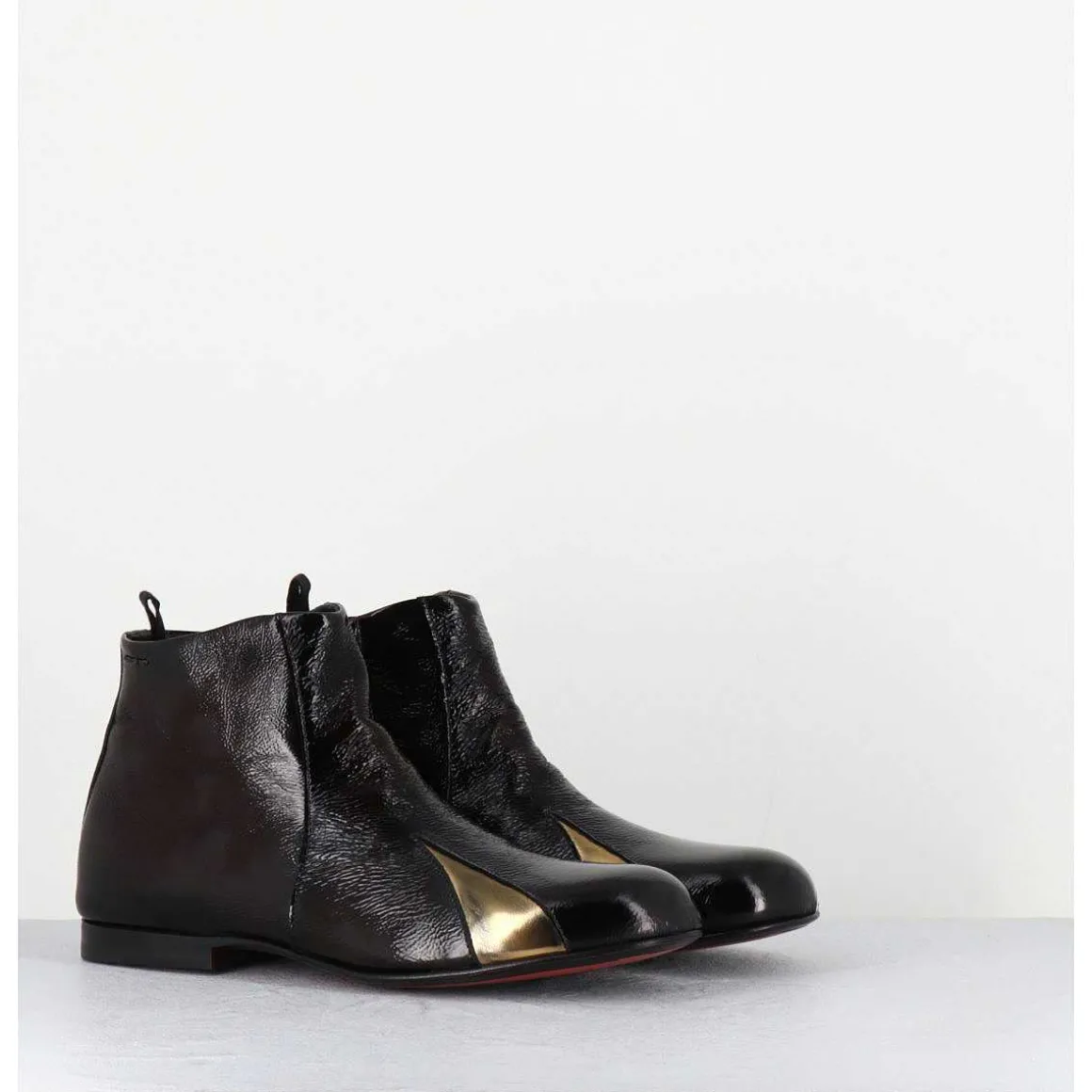 Boots Plates En Cuir Vernis Souple Marron & Dore - 60464 Moro Lamin Oro