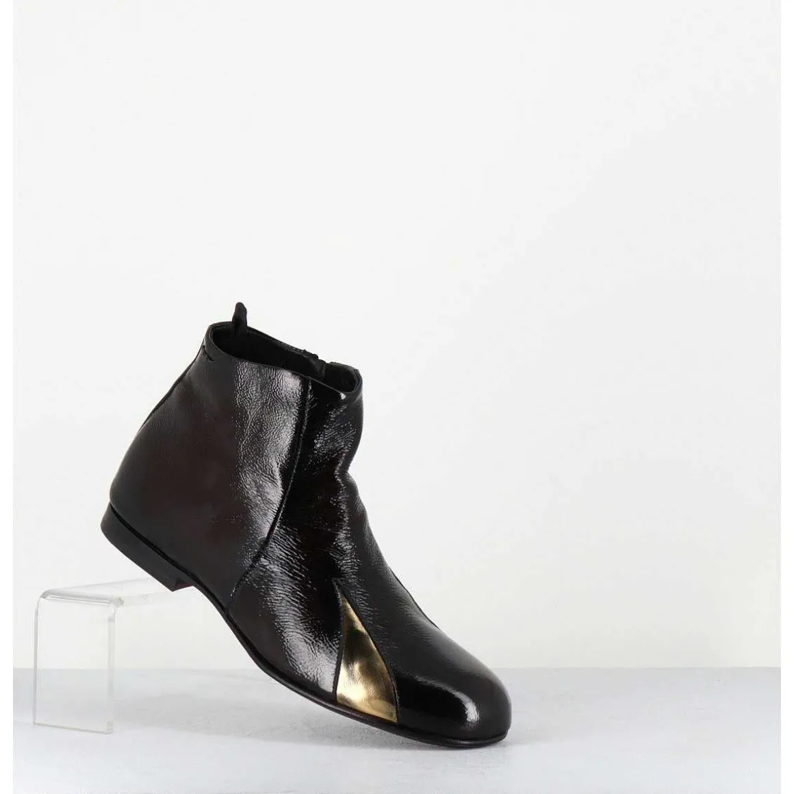 Boots Plates En Cuir Vernis Souple Marron & Dore - 60464 Moro Lamin Oro