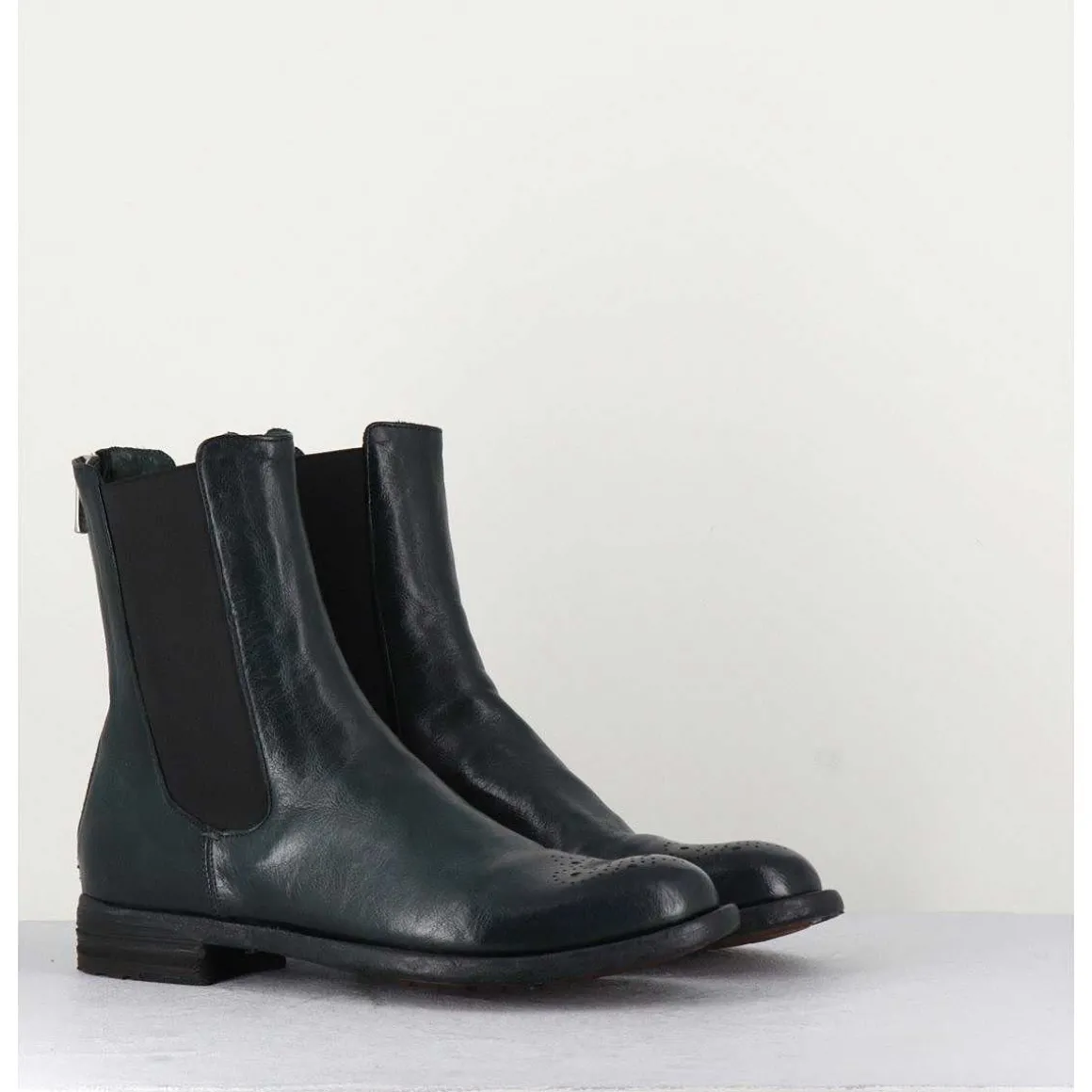 Boots Plates En Cuir Vert Sombre, Elastique & Bout Fleuri - Lexikon099 Frenchlover