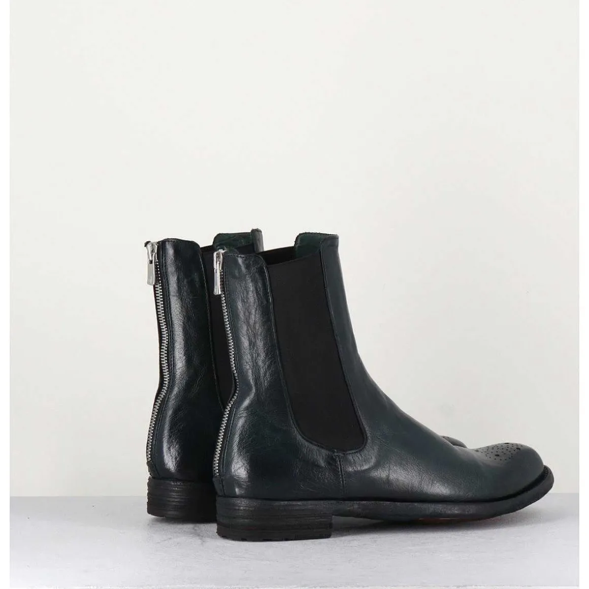 Boots Plates En Cuir Vert Sombre, Elastique & Bout Fleuri - Lexikon099 Frenchlover