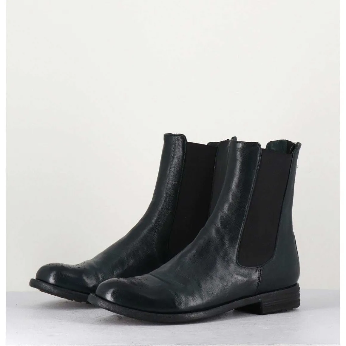 Boots Plates En Cuir Vert Sombre, Elastique & Bout Fleuri - Lexikon099 Frenchlover