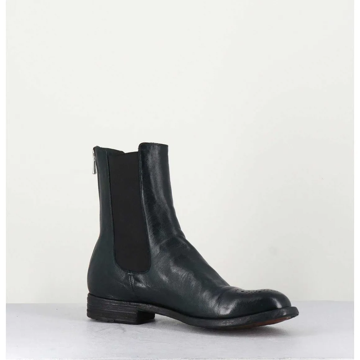 Boots Plates En Cuir Vert Sombre, Elastique & Bout Fleuri - Lexikon099 Frenchlover