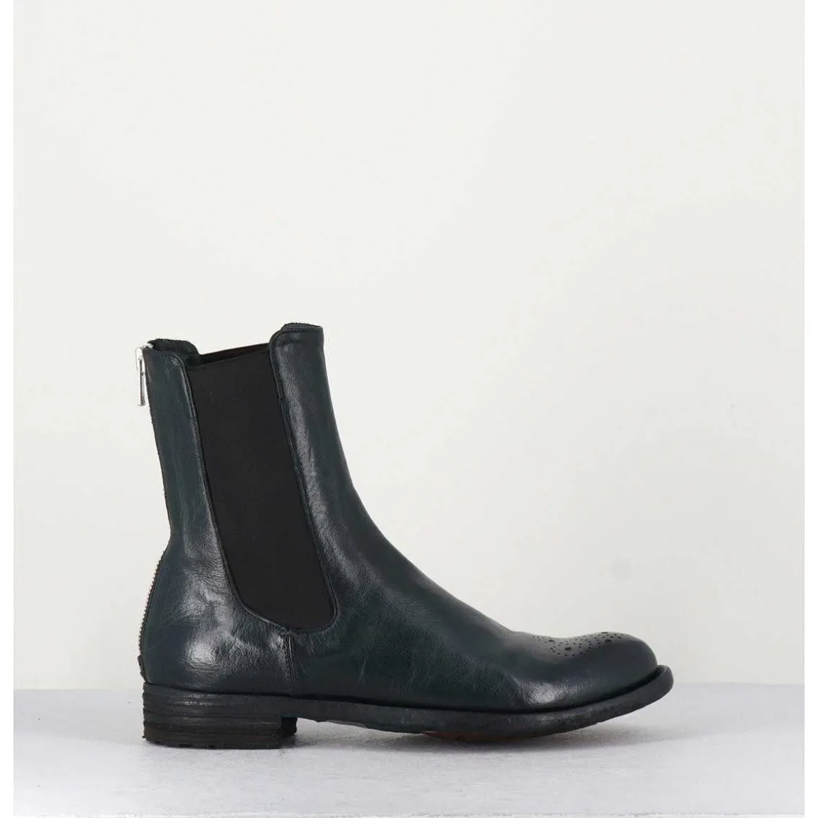 Boots Plates En Cuir Vert Sombre, Elastique & Bout Fleuri - Lexikon099 Frenchlover