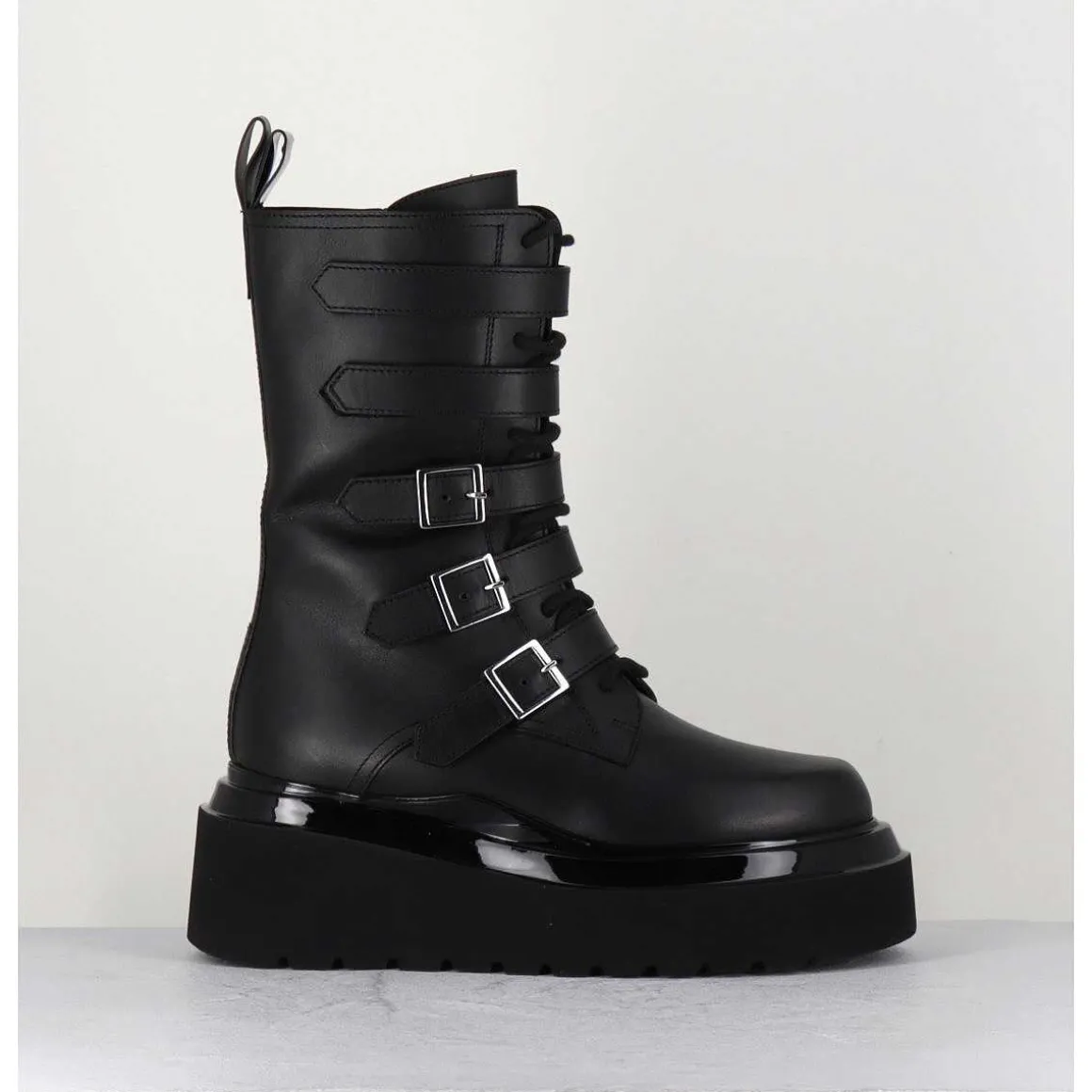 Boots Rangers Compensees En Cuir Noir - Mia Holy Black