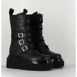 Boots Rangers Compensees En Cuir Noir - Mia Holy Black