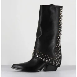 Boots Santiags A Guetre En Cuir Noir & Clous - E3711 Nature Nero