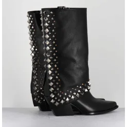 Boots Santiags A Guetre En Cuir Noir & Clous - E3711 Nature Nero