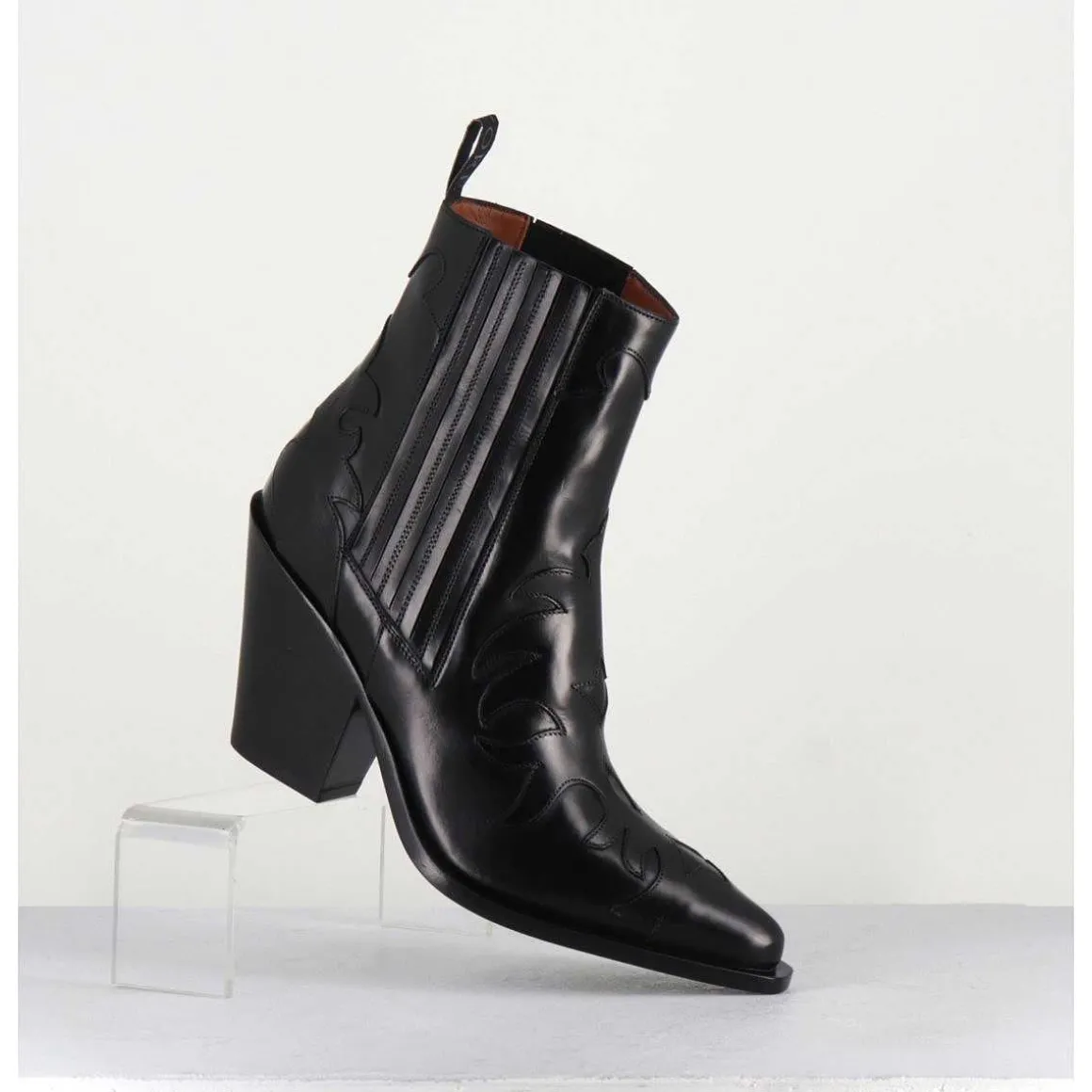 Boots Santiags En Cuir Noir Flammes & Elastique A Talon Haut - Sr3921 Nero