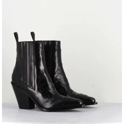 Boots Santiags En Cuir Noir Flammes & Elastique A Talon Haut - Sr3921 Nero