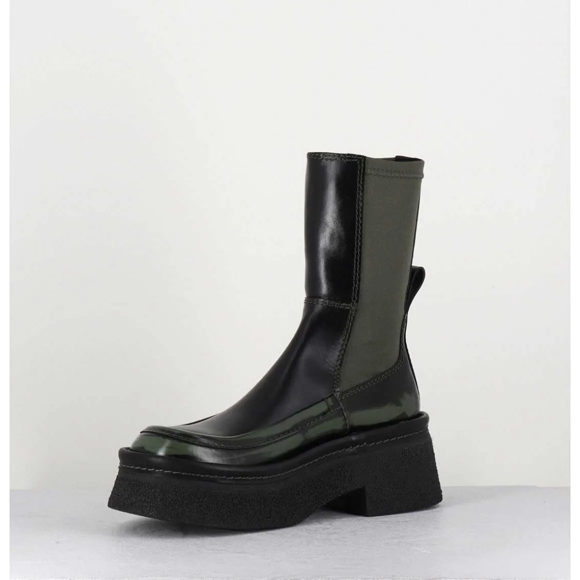 Boots Textile Stretch&Cuir Noir Brosse Khaki - Amarah Khaki Boots