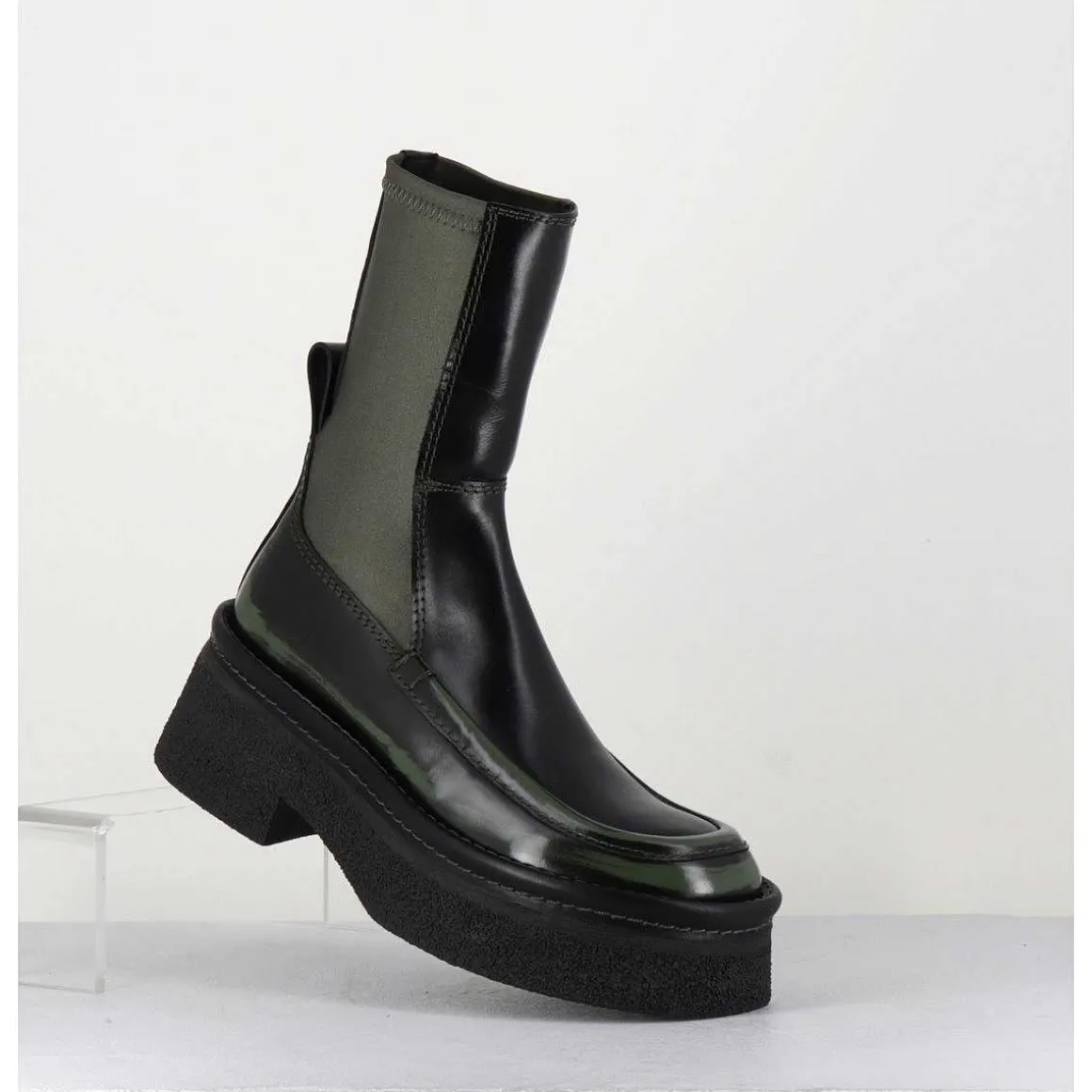 Boots Textile Stretch&Cuir Noir Brosse Khaki - Amarah Khaki Boots