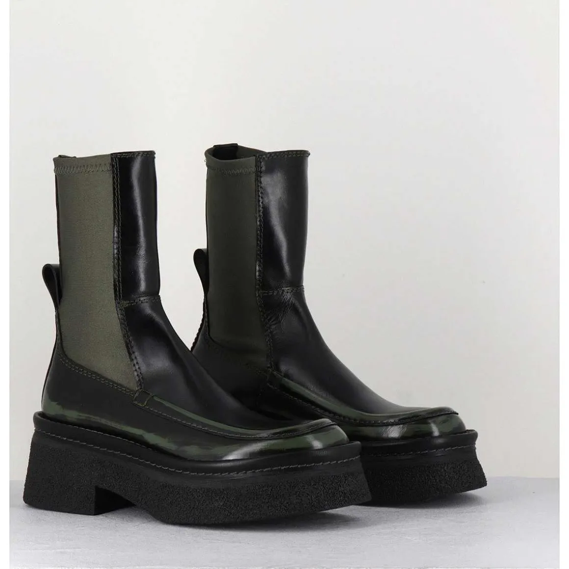 Boots Textile Stretch&Cuir Noir Brosse Khaki - Amarah Khaki Boots