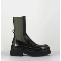 Boots Textile Stretch&Cuir Noir Brosse Khaki - Amarah Khaki Boots