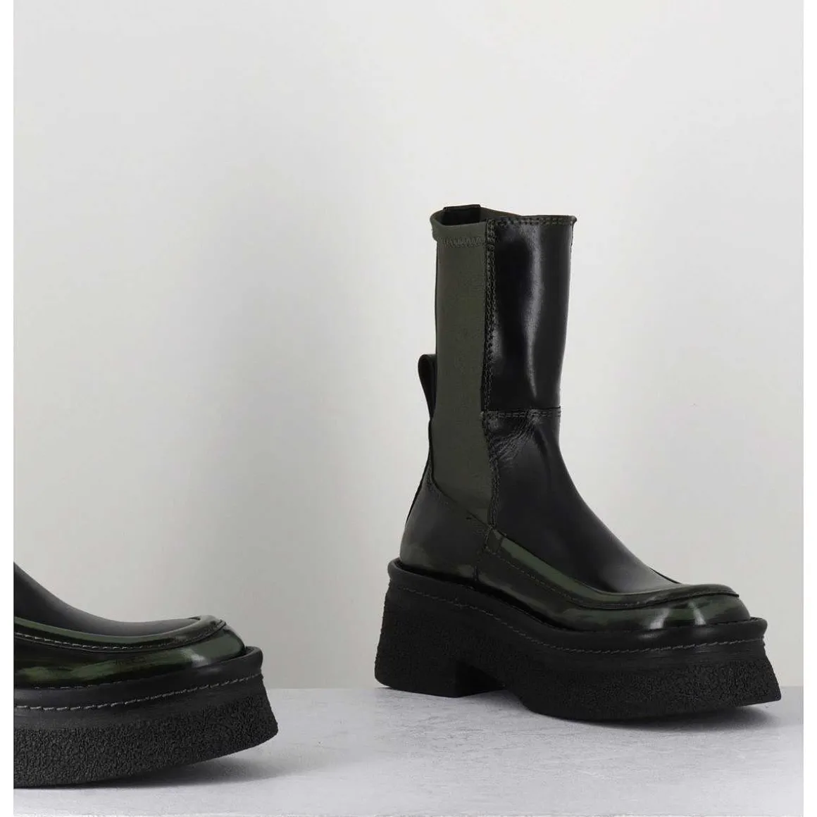 Boots Textile Stretch&Cuir Noir Brosse Khaki - Amarah Khaki Boots