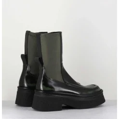 Boots Textile Stretch&Cuir Noir Brosse Khaki - Amarah Khaki Boots