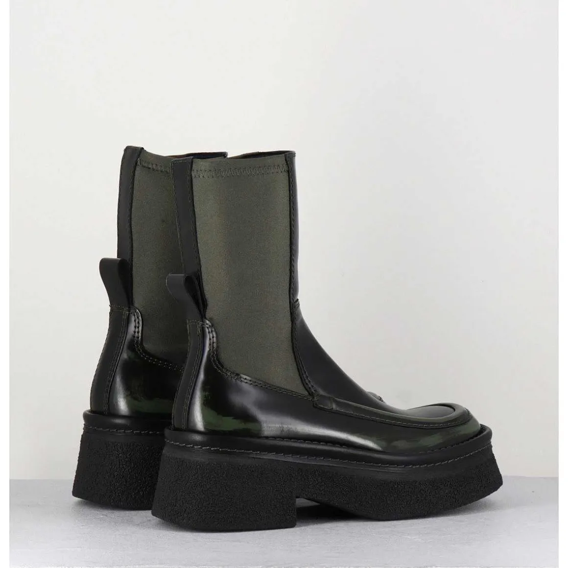 Boots Textile Stretch&Cuir Noir Brosse Khaki - Amarah Khaki Boots