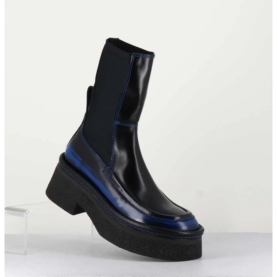 Boots Textile Stretch&Cuir Noir Brosse Bleu - Amarah Blue Boots