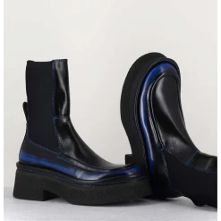 Boots Textile Stretch&Cuir Noir Brosse Bleu - Amarah Blue Boots